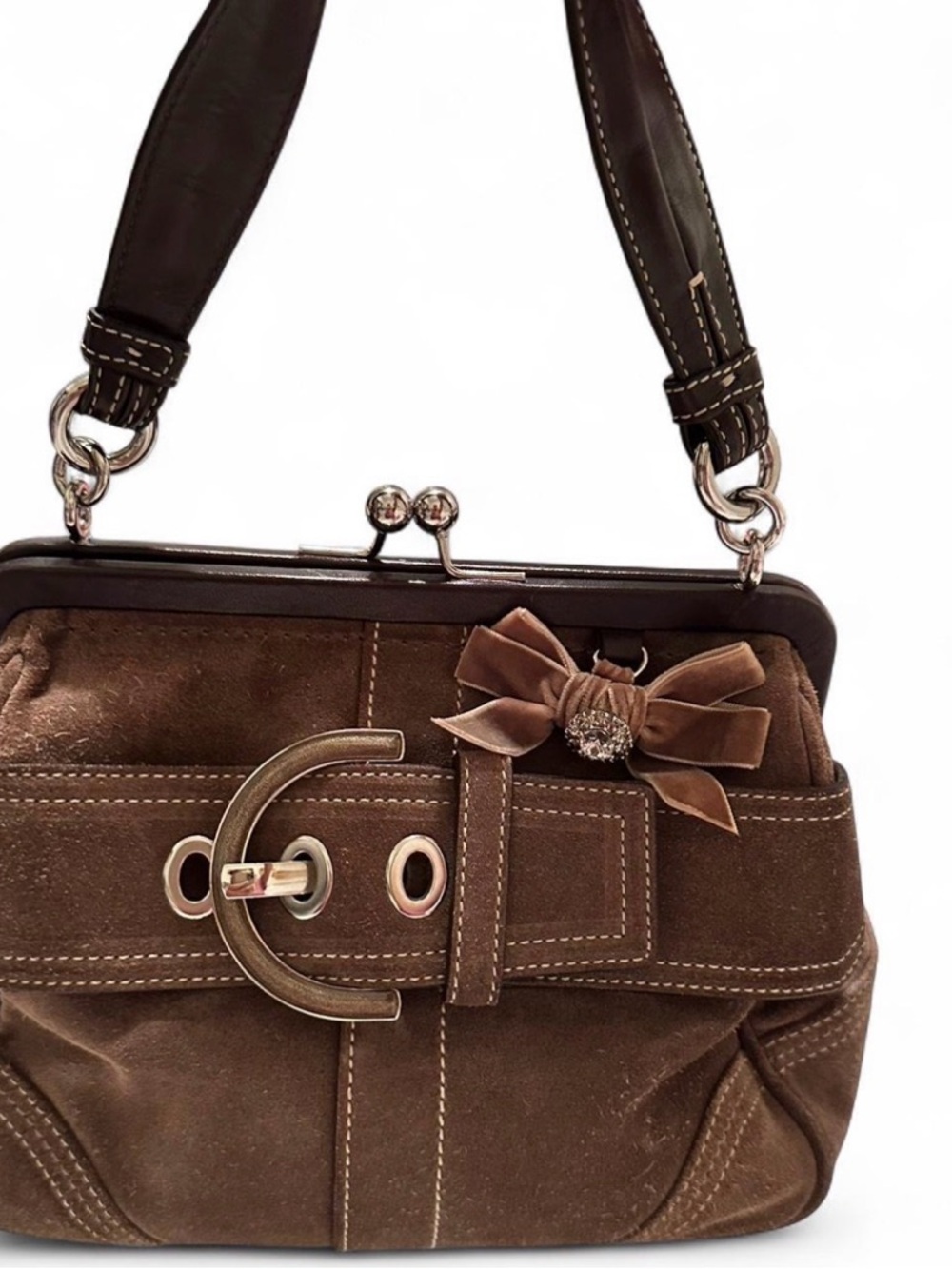 Coach Brown Suede Shoulder Bag with Bow & Buckle